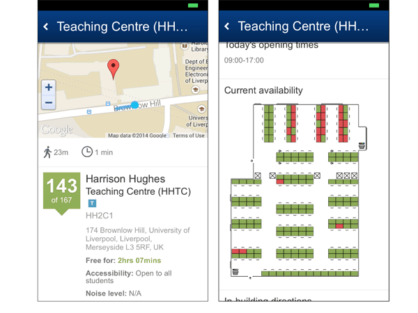 The University of Liverpool's PC Finder app locates the nearest facility with a spare PC on a smartphone (left). Students can drill down to see the actual location of the terminal. (Right). Screenshots appear courtesy of the University of Liverpool.