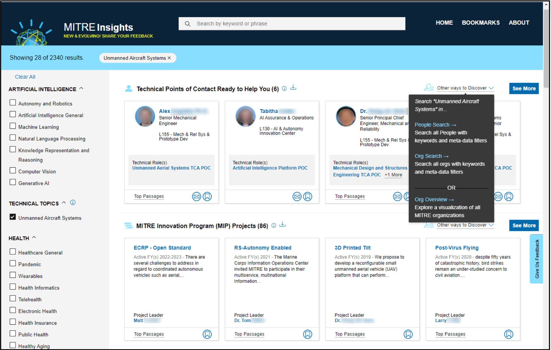 A screenshot showing search results from MITRE Insights.