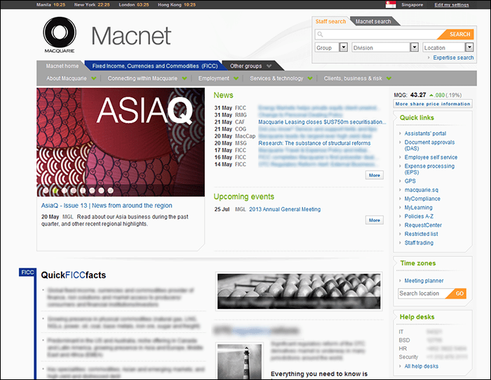 Macnet, Macquarie Group's intranet that reaches 10 business units, 28 countries and 70+ office locations.