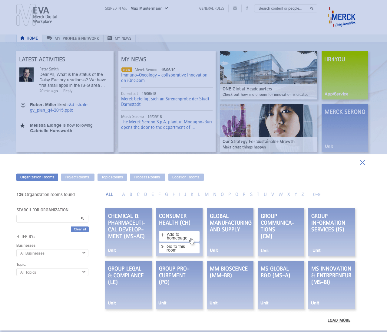 At Merck Group employees use a search tool to add tiles linking to different rooms within the digital workplace environment. Screenshot appears courtesy of Merck Group.