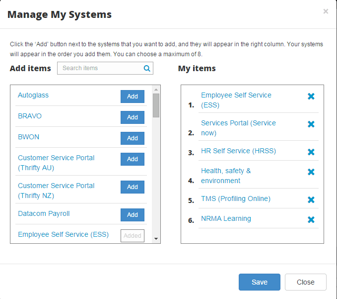 On the NRMA intranet it's easy for individuals to add different applications to the personalised list of systems links on the homepage. Screenshot appears courtesy of NRMA.