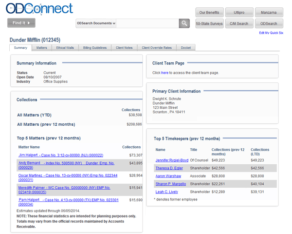 Law firm Ogletree Deakins has an intranet which displays extensive client and matter information together, making it far easier for users to view critical business and project data. Screenshot appears courtesy of Ogletree Deakins.