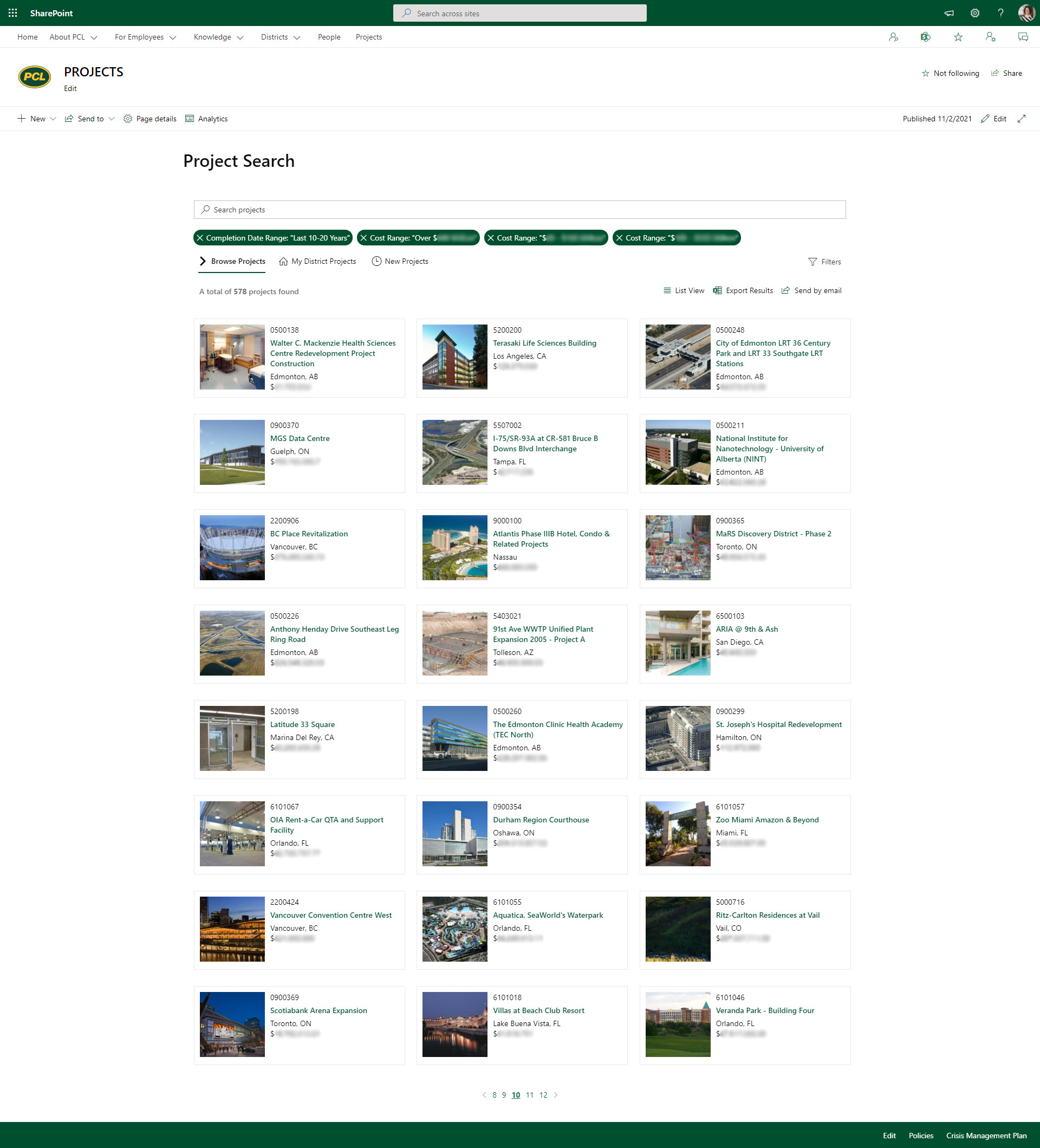 A screenshot of the Projects landing page on the PCL Construction intranet.