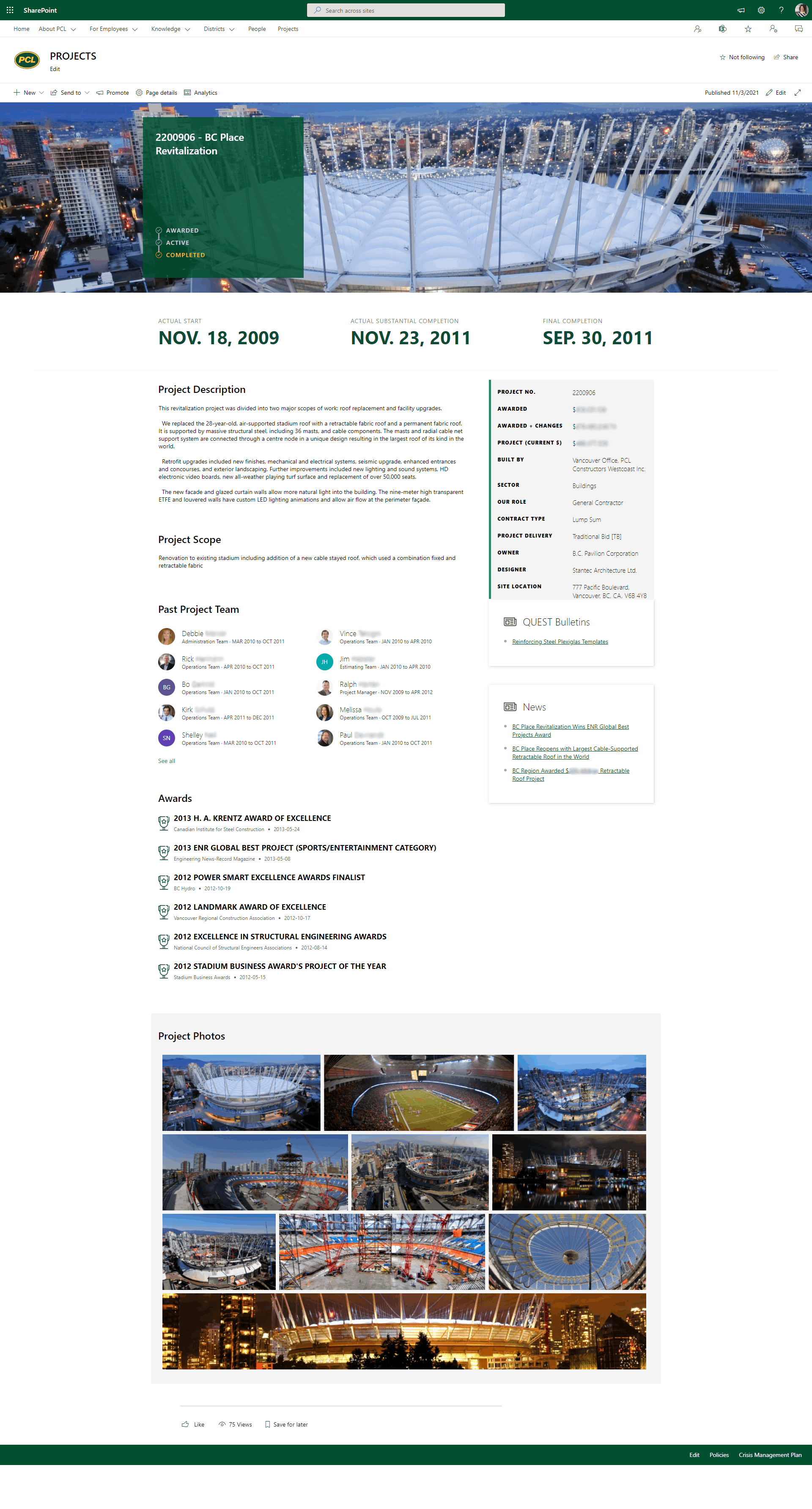 Screenshot of a project page on the PCL Construction intranet.