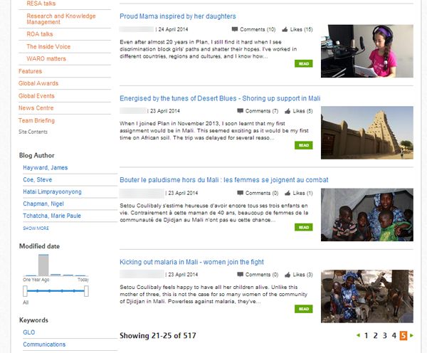 Plan International's intranet contains blogs with details of the charity's activities. Screenshot appears courtesy of Plan International.