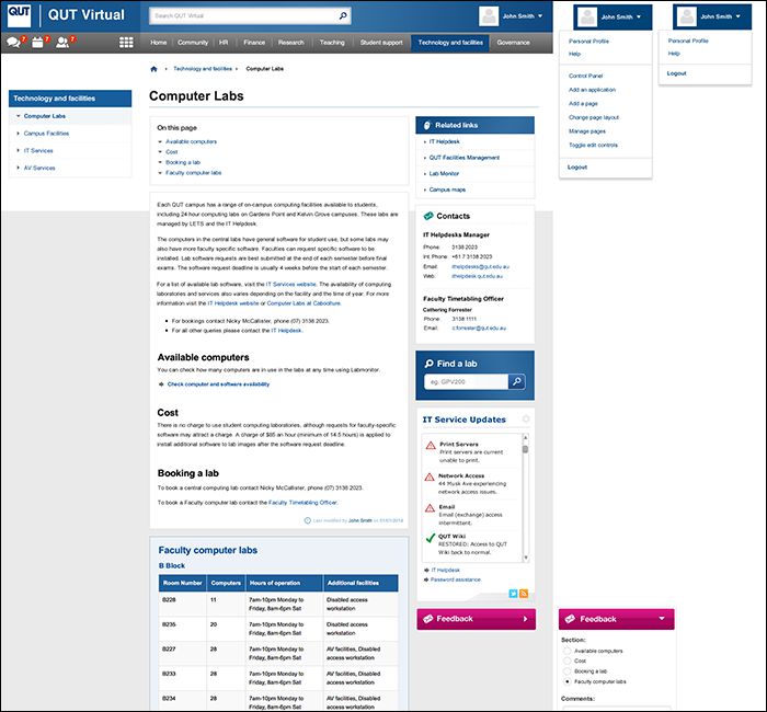 The Queensland University of Technology’s intranet provides both global and local content on the same page, providing context and delineating ‘zones’ for different types of content. (Screenshot courtesy of QUT.)