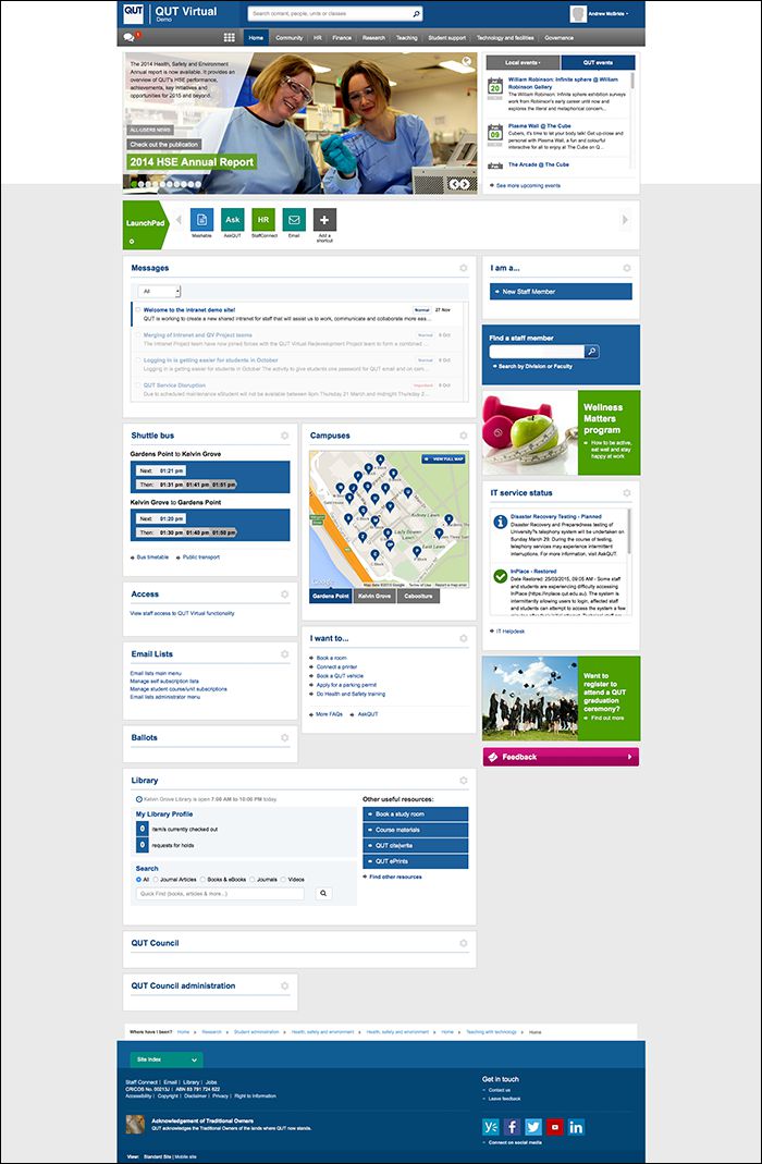 The Queensland University of Technology’s ‘QUT Virtual Mobile’ is a strong early example of mobility within a university. Note the launch pad for favourite applications, shuttle bus service and other useful interactive elements in this responsive web design. (Screenshot courtesy of QUT.)