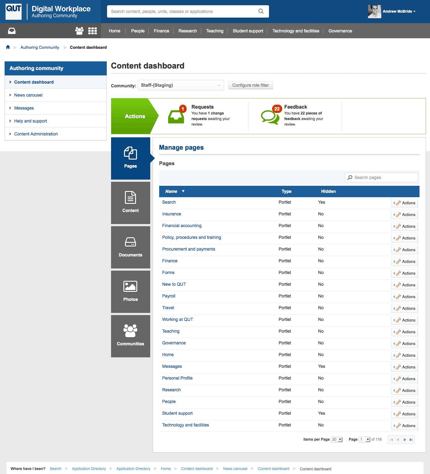 A screenshot of QUT's intranet content dashboard for publishers.