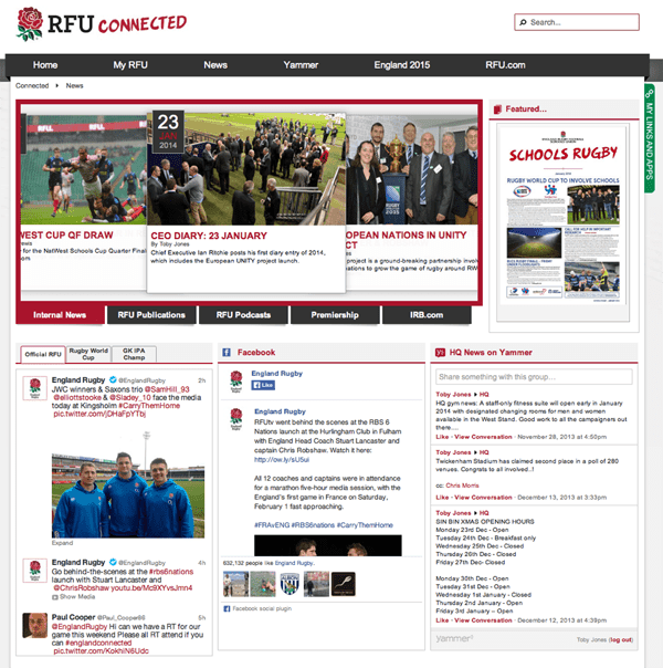 RFU's intranet news page includes feeds from Twitter and Facebook. Screenshot appears courtesy of RFU.