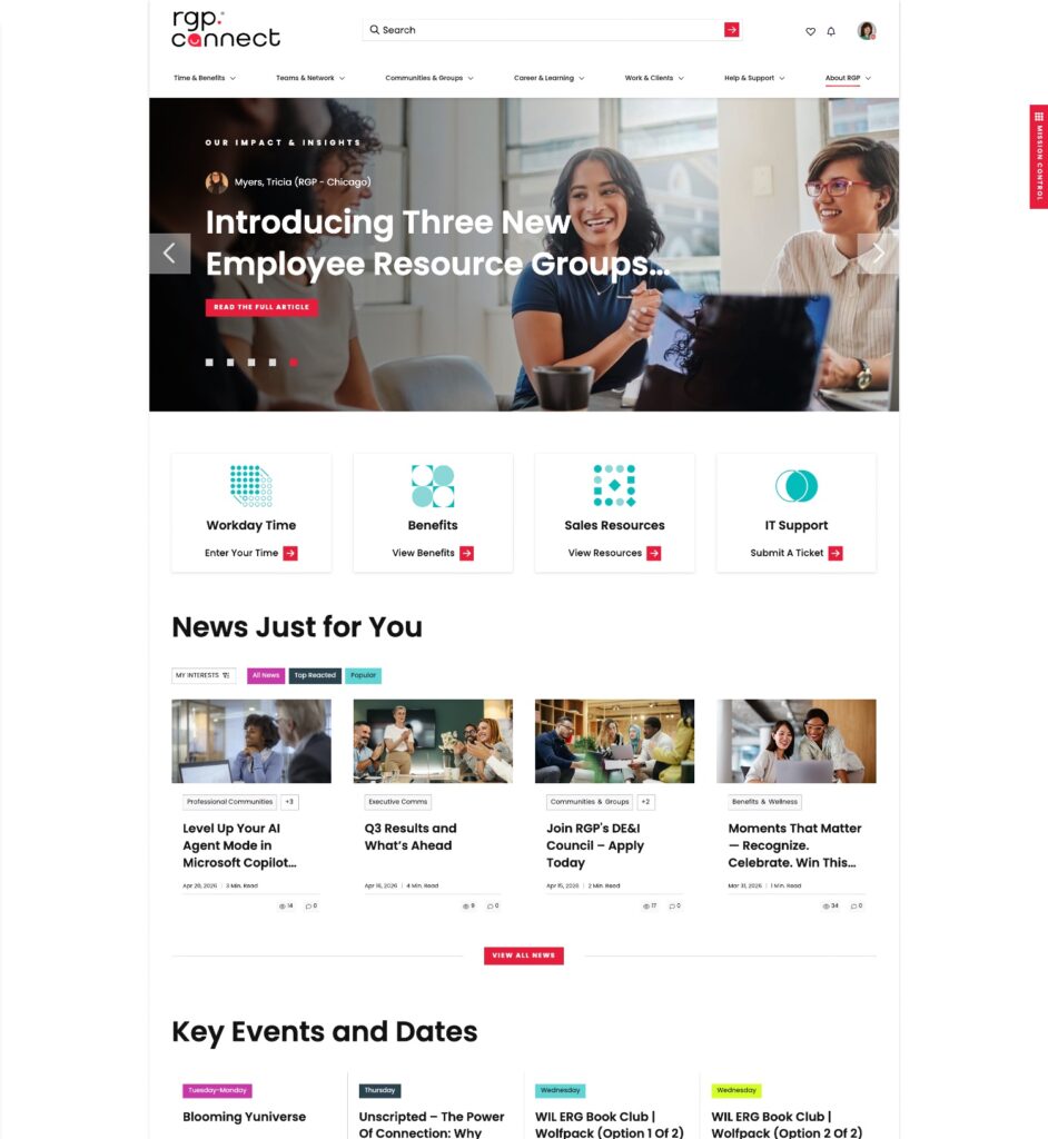 A screenshot of the homepage of the RPG intranet.
