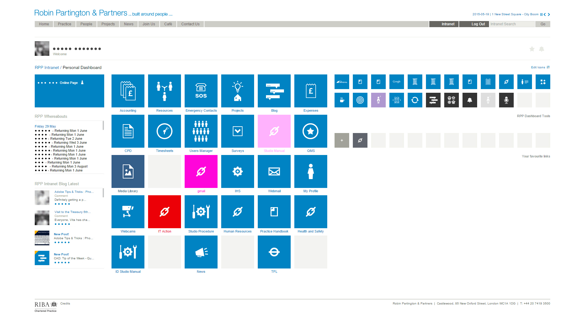 A dashboard on RPP's intranet. The site has evolved into a digital workplace with a rich set of capabilities built around the way employees work. The mindset of the firm and the team behind the intranet have been instrumental in the intranet's evolution. Screenshot appears courtesy of RPP.