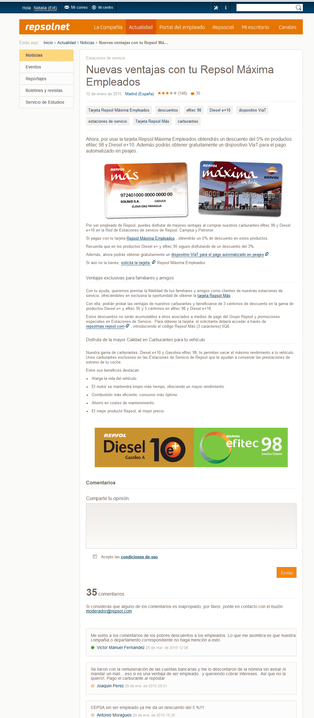 This news item at Repsol had 146 employees rating it and 35 comments. Signposting the level of activity at the header of the story indicates the level of engagement. Screenshot appears courtesy of Repsol.