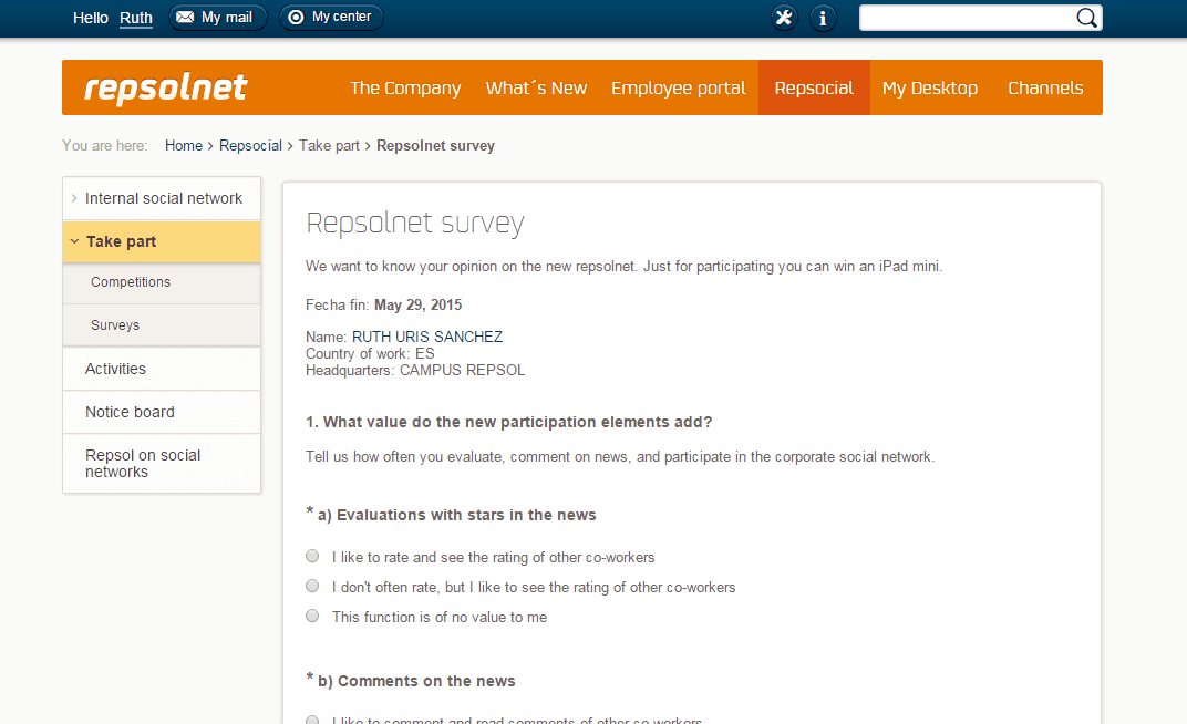 Repsol uses surveys (made available via the intranet itself) to help track the progress of its intranet. Overall the team use 25 results indicators as criteria for success. Screenshot appears courtesy of Repsol.