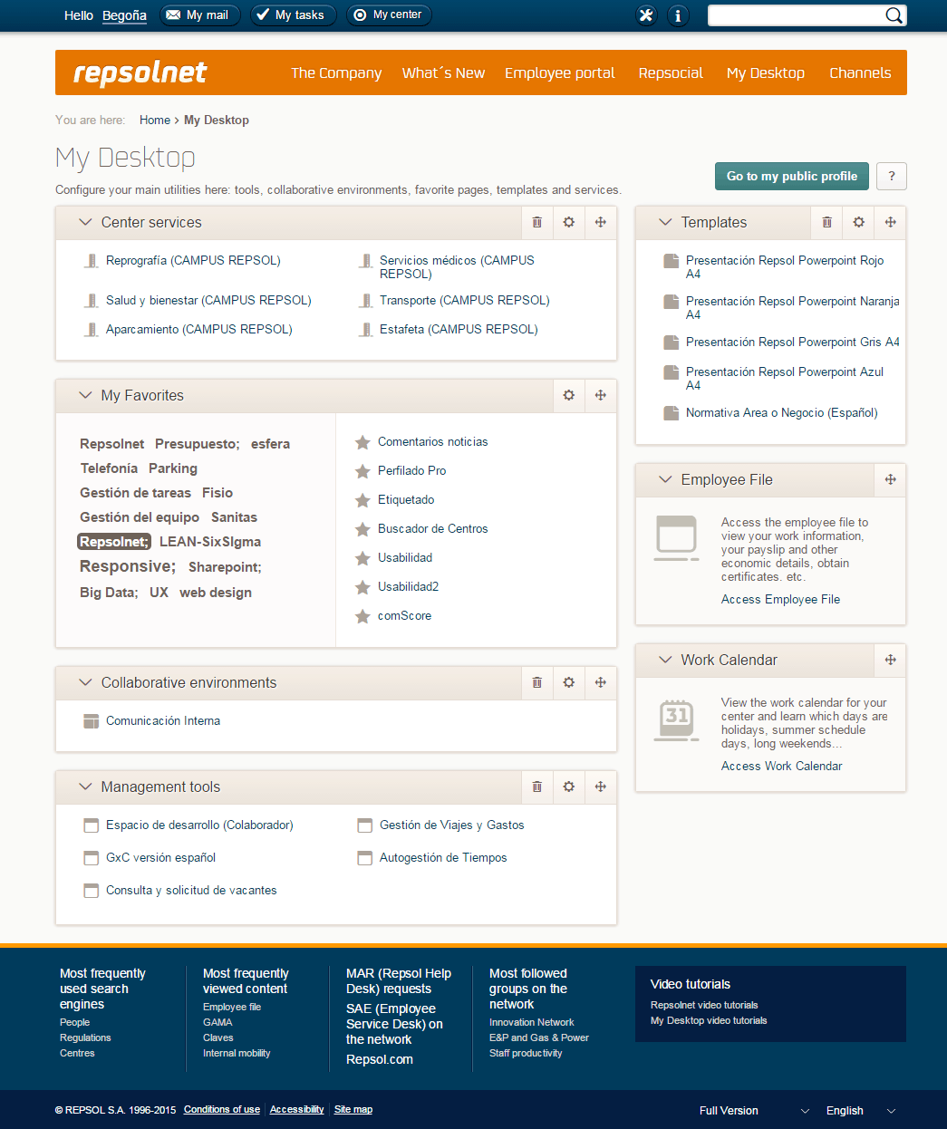 The My Desktop area of Repsol's intranet allows users to add links to services, collaboration areas, templates and more. Screenshot appears courtesy of Repsol.