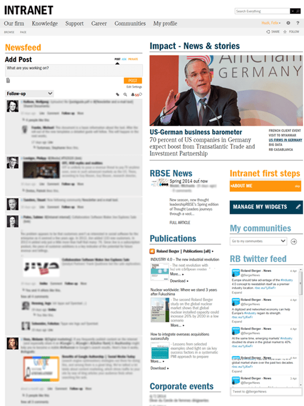Roland Berger's intranet homepage features both internal and external social feeds, including a Twitter feed. Screenshot appears courtesy of Roland Berger.