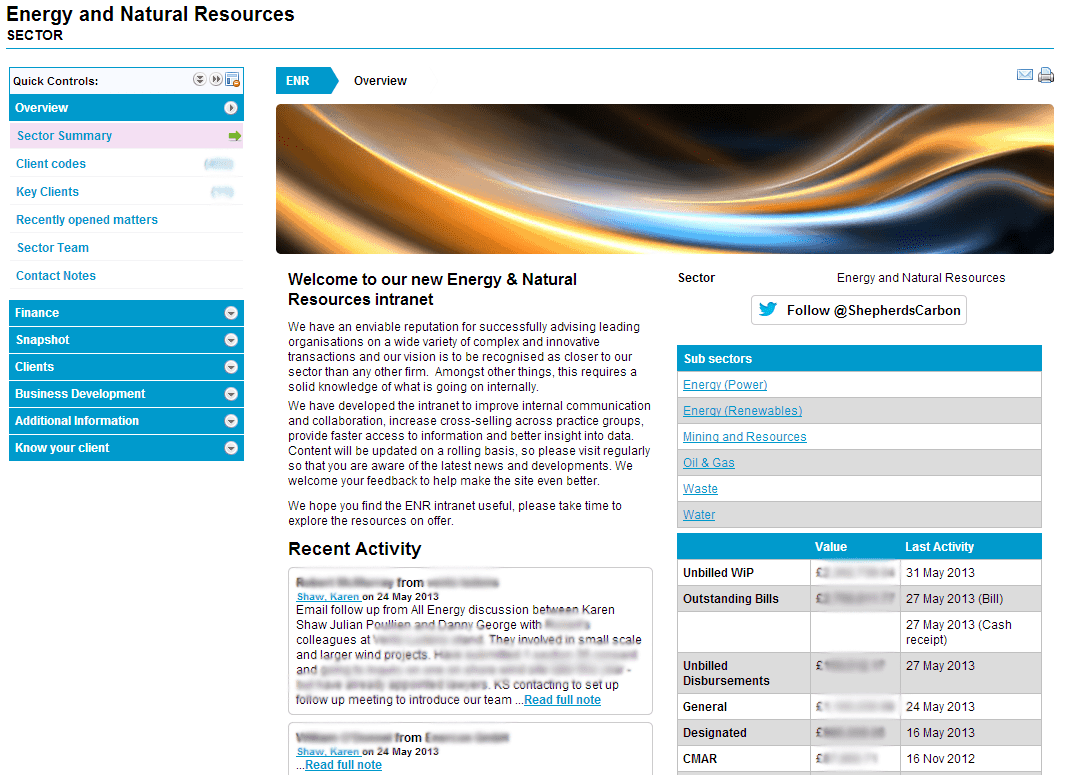 One of the 'sector' pages, which combines collaboration with data-driven dashboards. Screenshot courtesy of Shepherd and Wedderburn