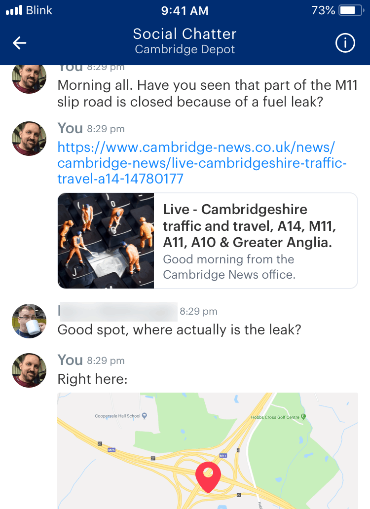 An image of mobile chat on Stagecoach's employee app.