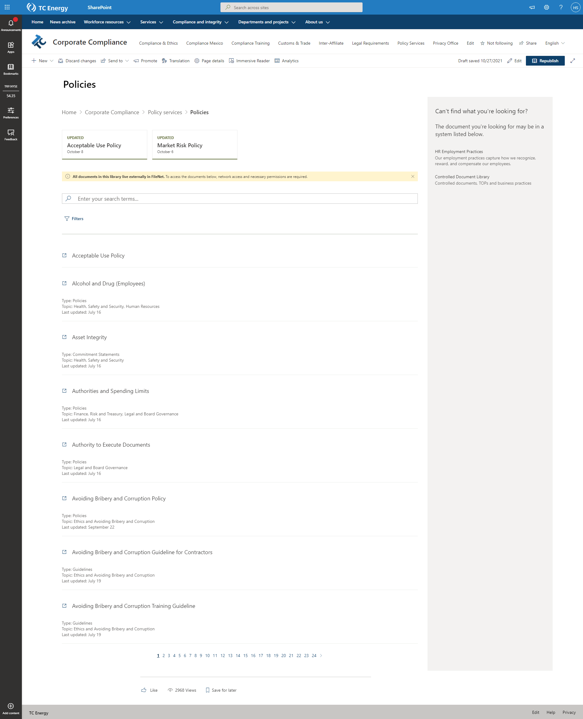 A screenshot of TC Energy policy library on the intranet.