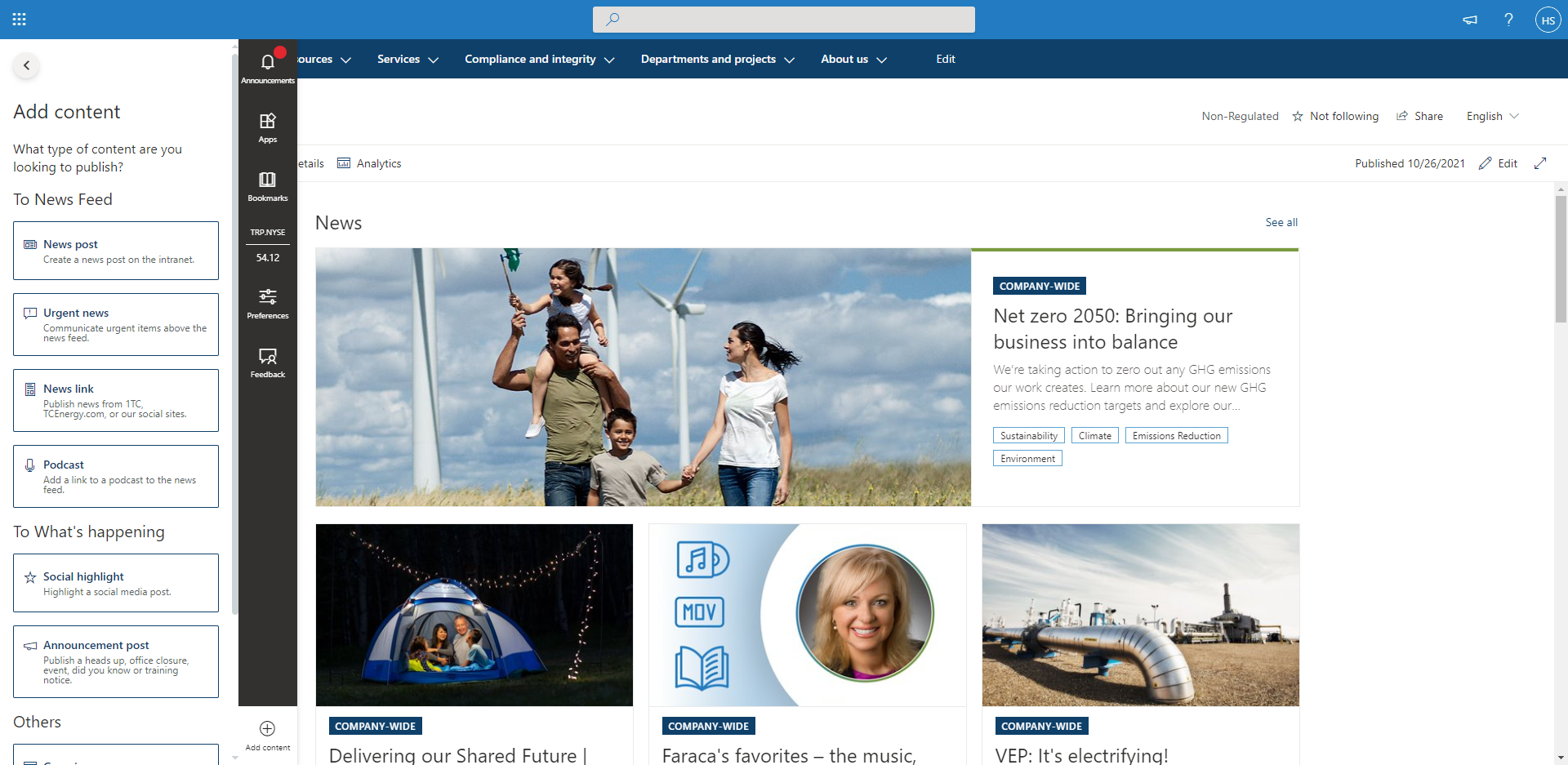 An intranet page from the TC Energy intranet showing the Add Content toolbar to the right.