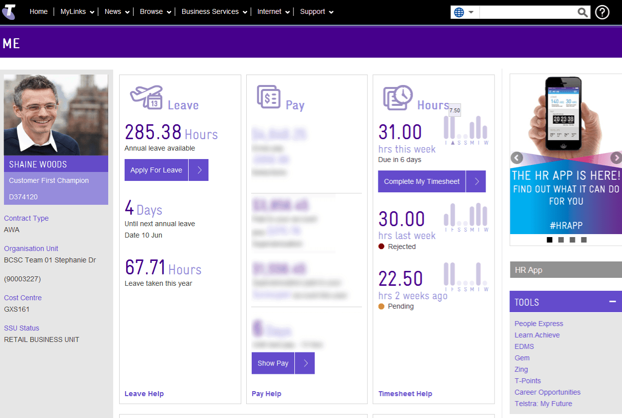 The Telstra 'me page', which provides a new user experience for common HR requests. Screenshot courtesy of Telstra.