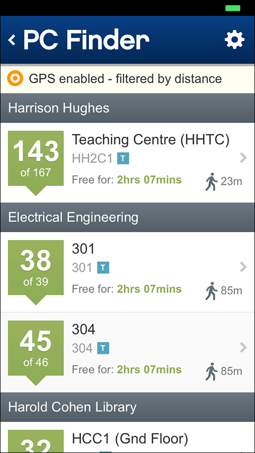 The University of Liverpool’s new mobile version of the ‘PC Finder’ knows where users are (via the phone’s GPS), and displays the nearest PCs along with distance, walk time and other useful information. (Screenshot courtesy of University of Liverpool.)