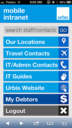 The new mobile homepage for Urbis staff.