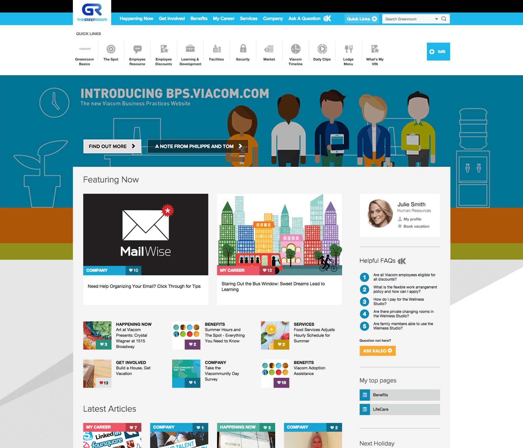 At Viacom users can add up to thirteen links represented by icons underneath the main navigation. Screenshot appears courtesy of Viacom.