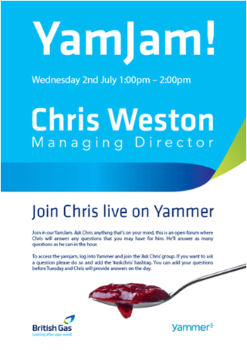 Centrica promoted a YamJam with the Managing Director of British Gas to give employees the opportunity to ask him questions. Screenshot appears courtesy of Centrica.