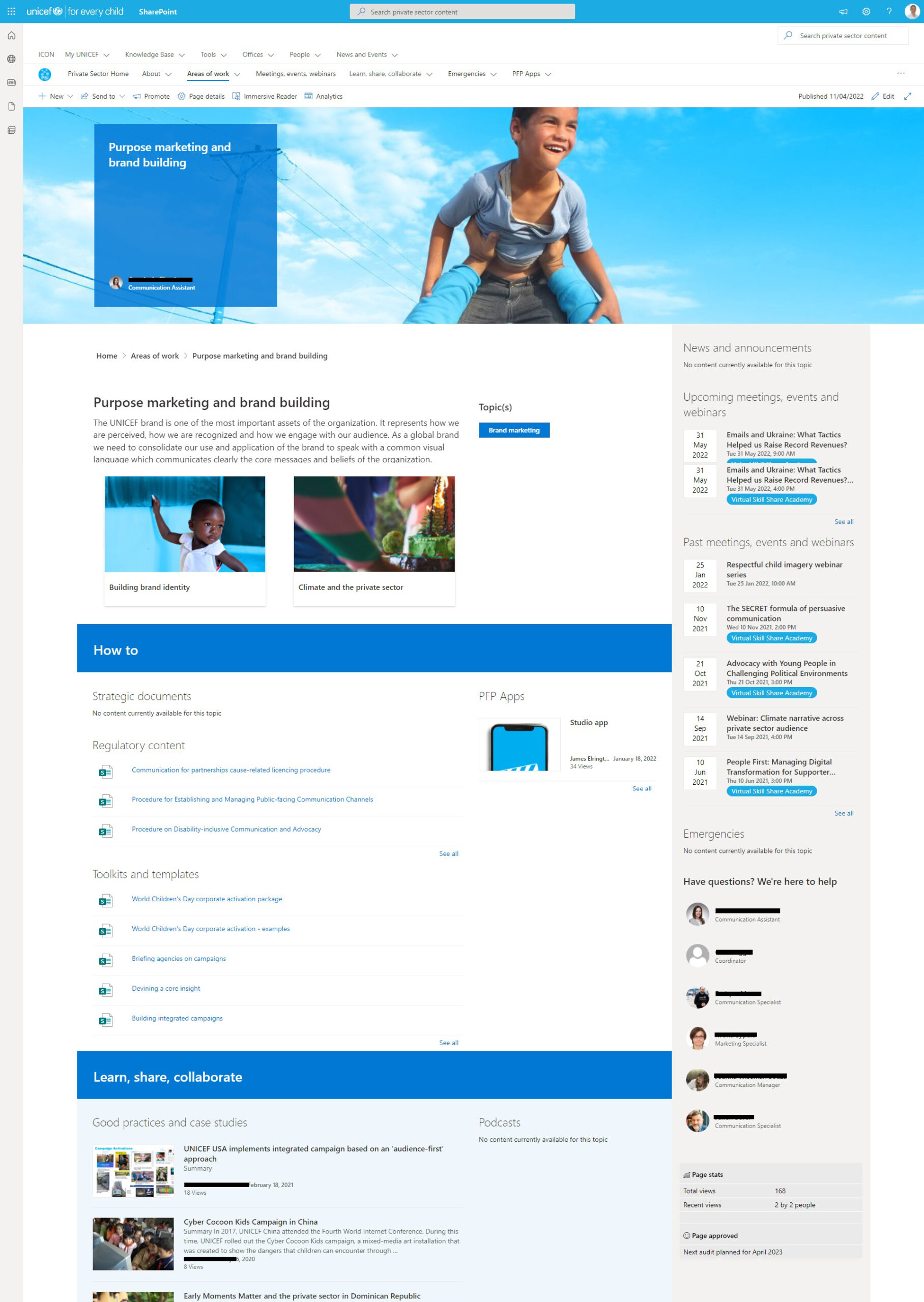A screenshot of an aggregated topic page on the UNICEF PFP intranet.