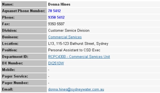 cmb_staffdirectorylinks Cross linking within the staff directory. Screenshot provided courtesy of Sydney Water.