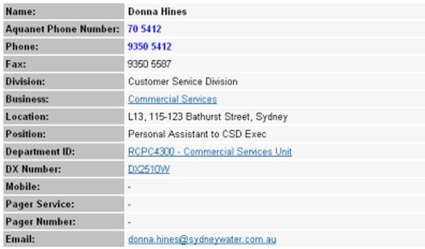 Cross linking within the staff directory. Screenshot provided courtesy of Sydney Water.