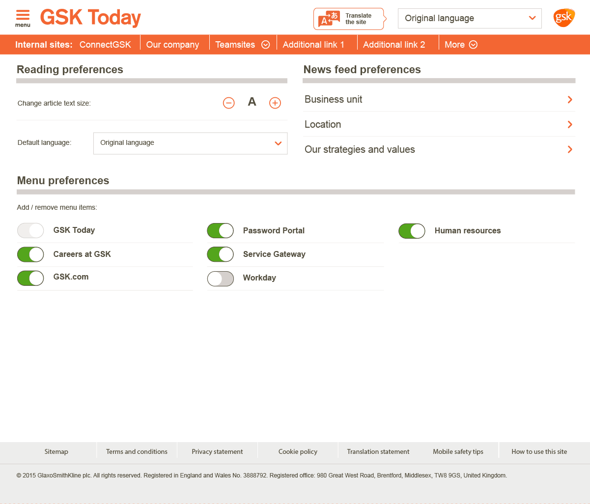 GSK's Today intranet for global news and content allows users to switch their default location, language and business unit setting for their news feed. Screenshot appears courtesy of GSK.