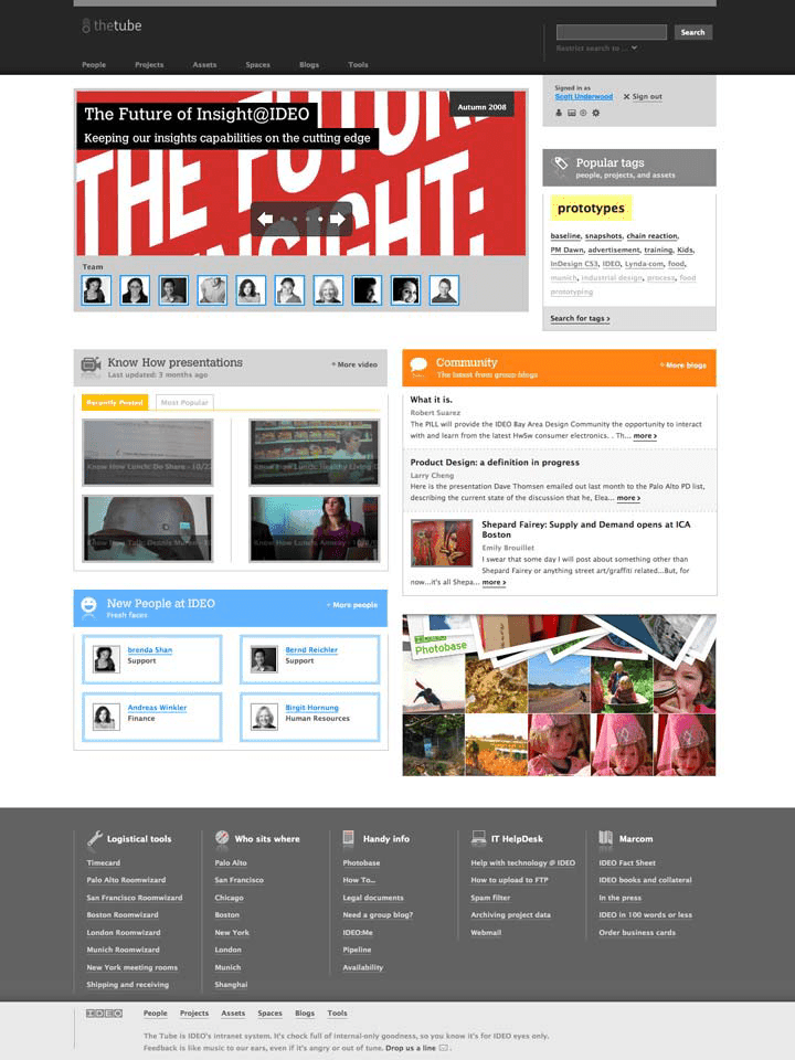 The homepage of IDEO's intranet "The Tube". Screenshot appears courtesy of IDEO.