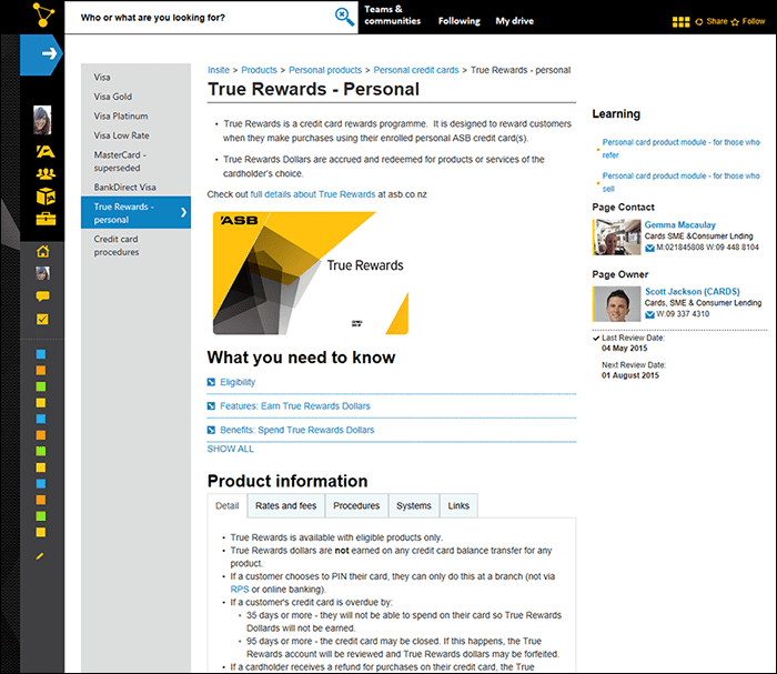 The ASB Bank corporate intranet provides a strong 'portfolio view' of key customer products.