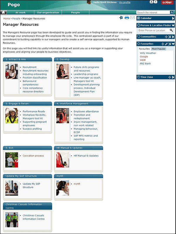 Focusing on manager resources, this page shows the myriad of resources available to managers on Pogo, Australia Post’s intranet. (Screenshot courtesy of Australia Post.)