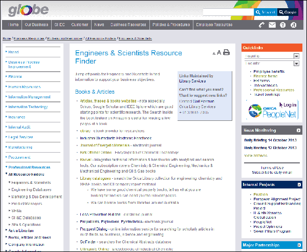 Orica’s intranet, Globe has a long history of supporting different business units within this global organisation. Over the years resource finders have been developed to support unique roles such as engineers and scientists. (Screenshots courtesy of Orica.)