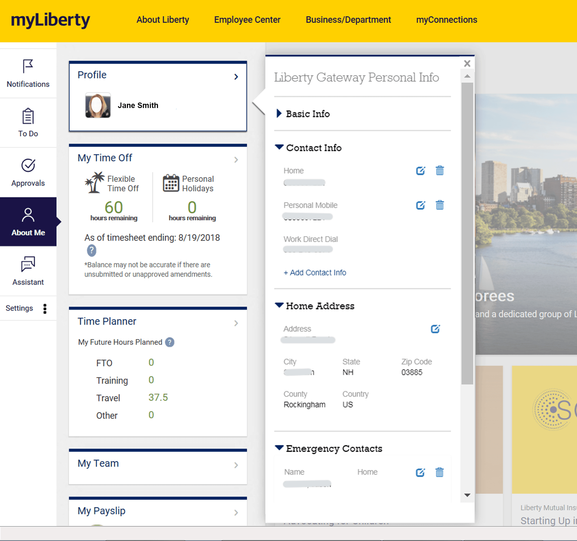A screenshot from 2018 of Liberty Mutual's digital workplace "About Me" feature.